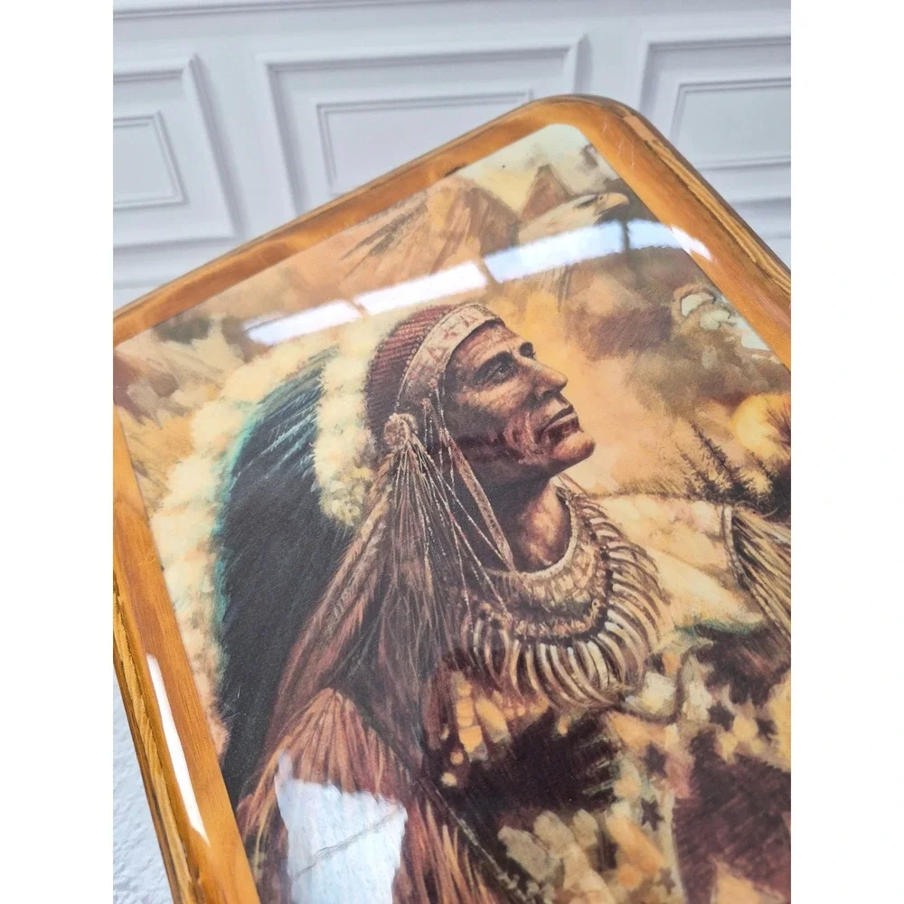 Vintage Ruane Native American Chief Wood Plaque Glossy Decoupage Wall Art 8x10.5